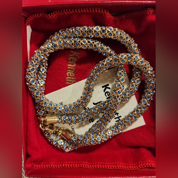 Vintage Jewelry - Kenneth Jay Lane Blue Gold Tone Rhinestone Snake Popcorn Chain necklace 30"